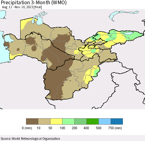 Central Asia Precipitation 3-Month (WMO) Thematic Map For 8/11/2023 - 11/10/2023