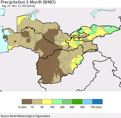 Central Asia Precipitation 3-Month (WMO) Thematic Map For 8/16/2023 - 11/15/2023