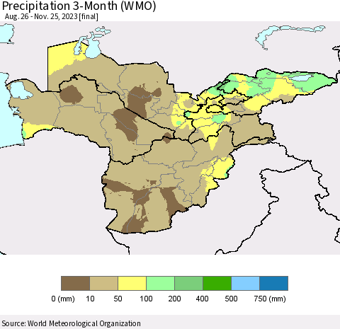 Central Asia Precipitation 3-Month (WMO) Thematic Map For 8/26/2023 - 11/25/2023