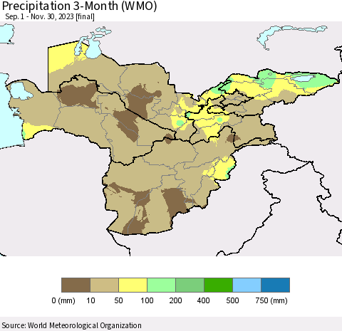 Central Asia Precipitation 3-Month (WMO) Thematic Map For 9/1/2023 - 11/30/2023