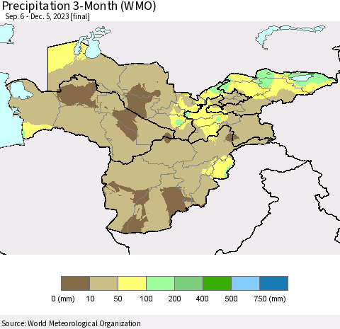 Central Asia Precipitation 3-Month (WMO) Thematic Map For 9/6/2023 - 12/5/2023