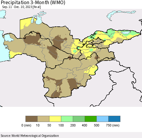 Central Asia Precipitation 3-Month (WMO) Thematic Map For 9/11/2023 - 12/10/2023