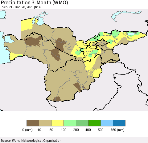 Central Asia Precipitation 3-Month (WMO) Thematic Map For 9/21/2023 - 12/20/2023