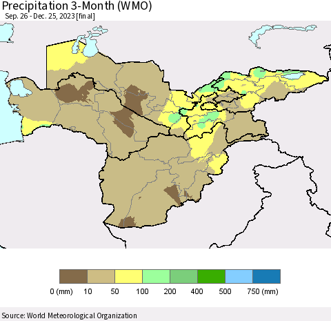 Central Asia Precipitation 3-Month (WMO) Thematic Map For 9/26/2023 - 12/25/2023