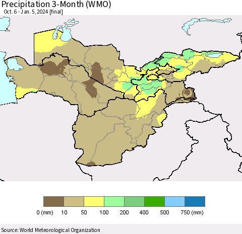 Central Asia Precipitation 3-Month (WMO) Thematic Map For 10/6/2023 - 1/5/2024
