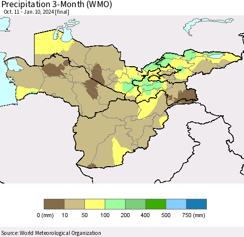 Central Asia Precipitation 3-Month (WMO) Thematic Map For 10/11/2023 - 1/10/2024