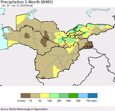Central Asia Precipitation 3-Month (WMO) Thematic Map For 10/16/2023 - 1/15/2024