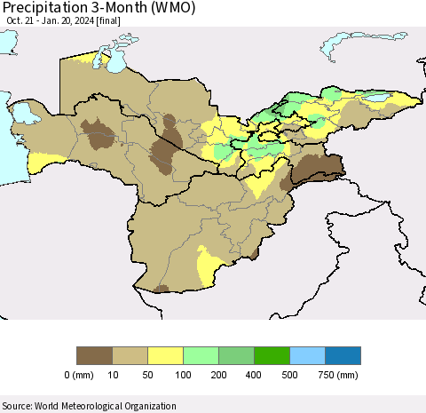 Central Asia Precipitation 3-Month (WMO) Thematic Map For 10/21/2023 - 1/20/2024