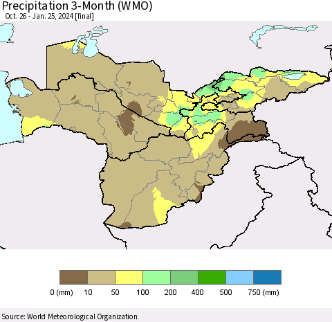 Central Asia Precipitation 3-Month (WMO) Thematic Map For 10/26/2023 - 1/25/2024