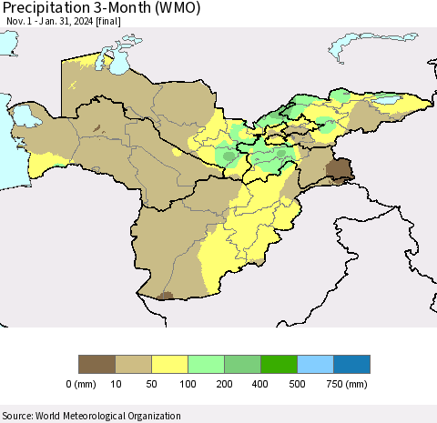 Central Asia Precipitation 3-Month (WMO) Thematic Map For 11/1/2023 - 1/31/2024