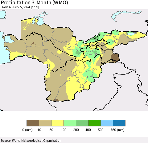 Central Asia Precipitation 3-Month (WMO) Thematic Map For 11/6/2023 - 2/5/2024