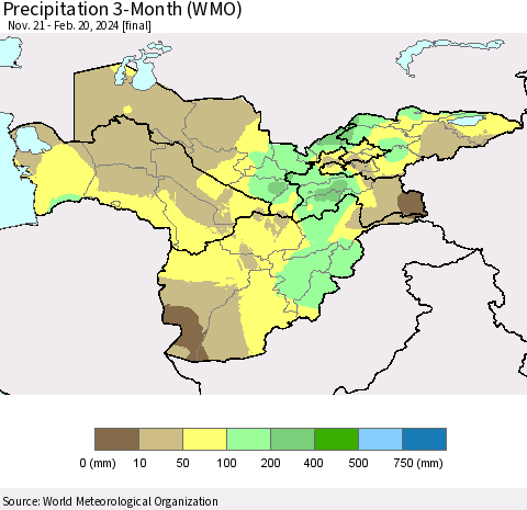 Central Asia Precipitation 3-Month (WMO) Thematic Map For 11/21/2023 - 2/20/2024