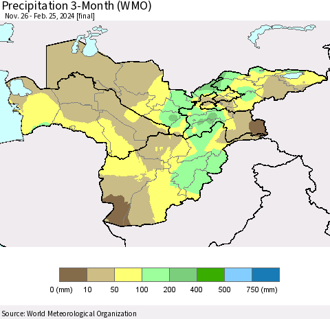 Central Asia Precipitation 3-Month (WMO) Thematic Map For 11/26/2023 - 2/25/2024