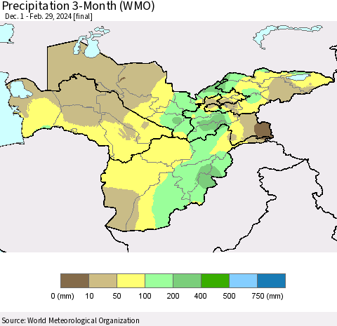 Central Asia Precipitation 3-Month (WMO) Thematic Map For 12/1/2023 - 2/29/2024
