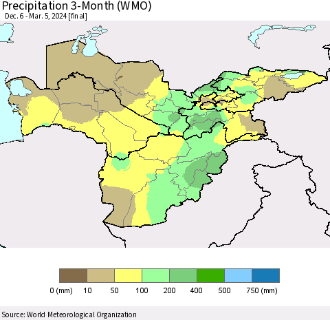 Central Asia Precipitation 3-Month (WMO) Thematic Map For 12/6/2023 - 3/5/2024