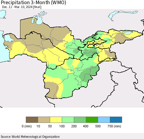Central Asia Precipitation 3-Month (WMO) Thematic Map For 12/11/2023 - 3/10/2024