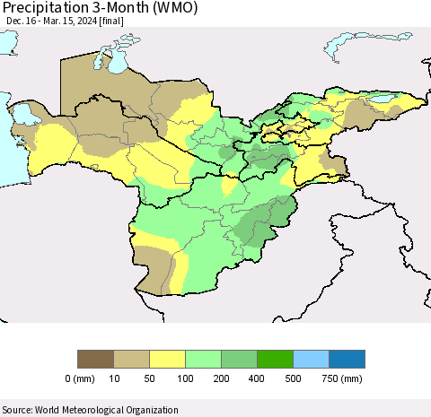 Central Asia Precipitation 3-Month (WMO) Thematic Map For 12/16/2023 - 3/15/2024