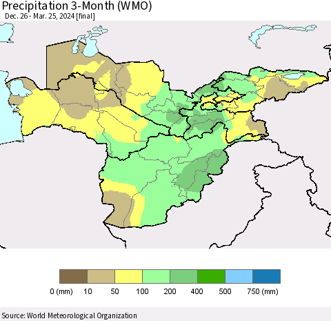 Central Asia Precipitation 3-Month (WMO) Thematic Map For 12/26/2023 - 3/25/2024