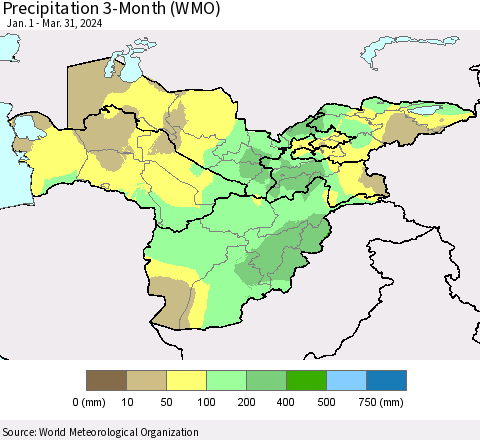 Central Asia Precipitation 3-Month (WMO) Thematic Map For 1/1/2024 - 3/31/2024