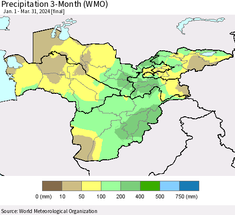 Central Asia Precipitation 3-Month (WMO) Thematic Map For 1/1/2024 - 3/31/2024