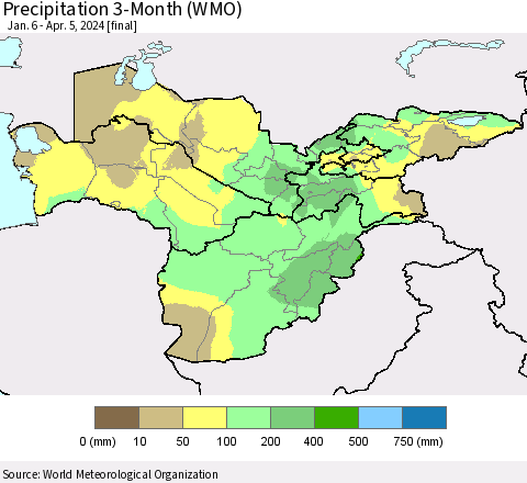 Central Asia Precipitation 3-Month (WMO) Thematic Map For 1/6/2024 - 4/5/2024