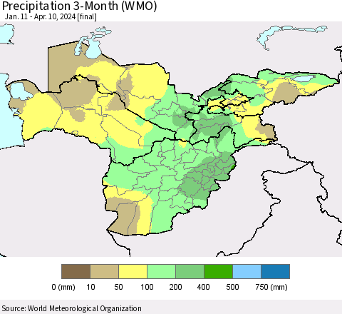 Central Asia Precipitation 3-Month (WMO) Thematic Map For 1/11/2024 - 4/10/2024