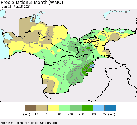 Central Asia Precipitation 3-Month (WMO) Thematic Map For 1/16/2024 - 4/15/2024