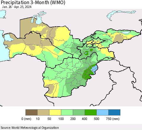 Central Asia Precipitation 3-Month (WMO) Thematic Map For 1/26/2024 - 4/25/2024