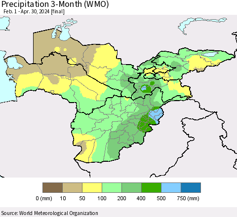 Central Asia Precipitation 3-Month (WMO) Thematic Map For 2/1/2024 - 4/30/2024