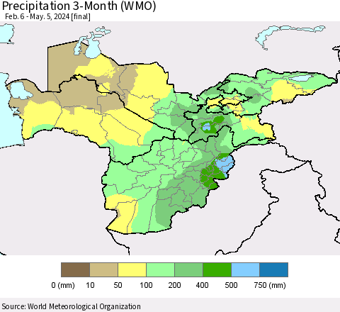 Central Asia Precipitation 3-Month (WMO) Thematic Map For 2/6/2024 - 5/5/2024