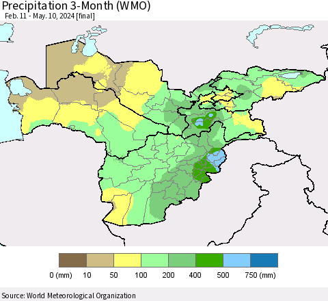 Central Asia Precipitation 3-Month (WMO) Thematic Map For 2/11/2024 - 5/10/2024