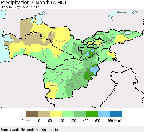 Central Asia Precipitation 3-Month (WMO) Thematic Map For 2/16/2024 - 5/15/2024
