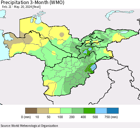 Central Asia Precipitation 3-Month (WMO) Thematic Map For 2/21/2024 - 5/20/2024