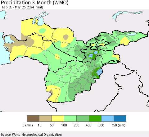 Central Asia Precipitation 3-Month (WMO) Thematic Map For 2/26/2024 - 5/25/2024