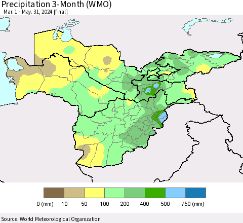 Central Asia Precipitation 3-Month (WMO) Thematic Map For 3/1/2024 - 5/31/2024