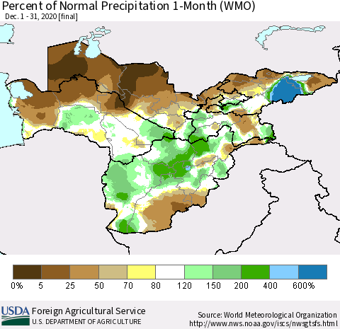 Central Asia Percent of Normal Precipitation 1-Month (WMO) Thematic Map For 12/1/2020 - 12/31/2020