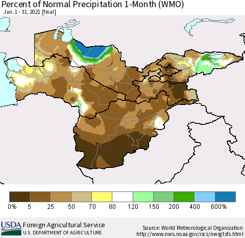 Central Asia Percent of Normal Precipitation 1-Month (WMO) Thematic Map For 1/1/2021 - 1/31/2021