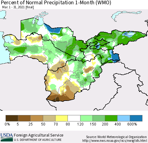 Central Asia Percent of Normal Precipitation 1-Month (WMO) Thematic Map For 3/1/2021 - 3/31/2021