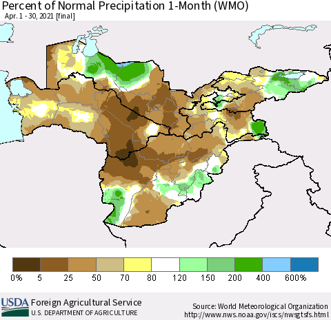 Central Asia Percent of Normal Precipitation 1-Month (WMO) Thematic Map For 4/1/2021 - 4/30/2021