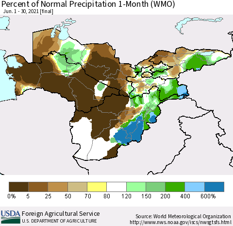Central Asia Percent of Normal Precipitation 1-Month (WMO) Thematic Map For 6/1/2021 - 6/30/2021