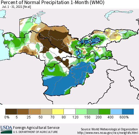 Central Asia Percent of Normal Precipitation 1-Month (WMO) Thematic Map For 7/1/2021 - 7/31/2021