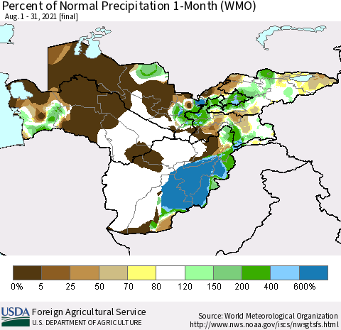 Central Asia Percent of Normal Precipitation 1-Month (WMO) Thematic Map For 8/1/2021 - 8/31/2021