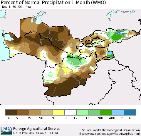 Central Asia Percent of Normal Precipitation 1-Month (WMO) Thematic Map For 11/1/2021 - 11/30/2021