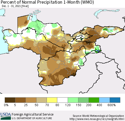 Central Asia Percent of Normal Precipitation 1-Month (WMO) Thematic Map For 12/1/2021 - 12/31/2021
