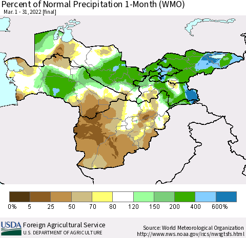 Central Asia Percent of Normal Precipitation 1-Month (WMO) Thematic Map For 3/1/2022 - 3/31/2022