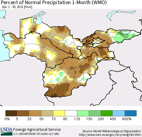 Central Asia Percent of Normal Precipitation 1-Month (WMO) Thematic Map For 4/1/2022 - 4/30/2022