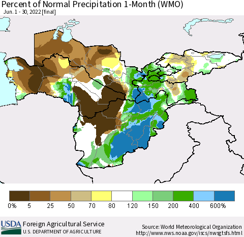 Central Asia Percent of Normal Precipitation 1-Month (WMO) Thematic Map For 6/1/2022 - 6/30/2022