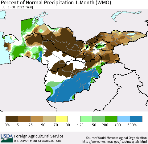 Central Asia Percent of Normal Precipitation 1-Month (WMO) Thematic Map For 7/1/2022 - 7/31/2022