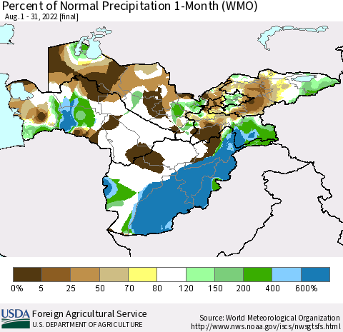Central Asia Percent of Normal Precipitation 1-Month (WMO) Thematic Map For 8/1/2022 - 8/31/2022