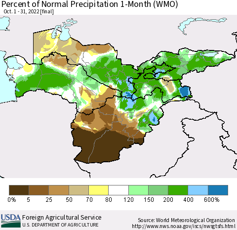 Central Asia Percent of Normal Precipitation 1-Month (WMO) Thematic Map For 10/1/2022 - 10/31/2022
